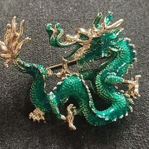 Green Enamel Chinese Dragon Brooch